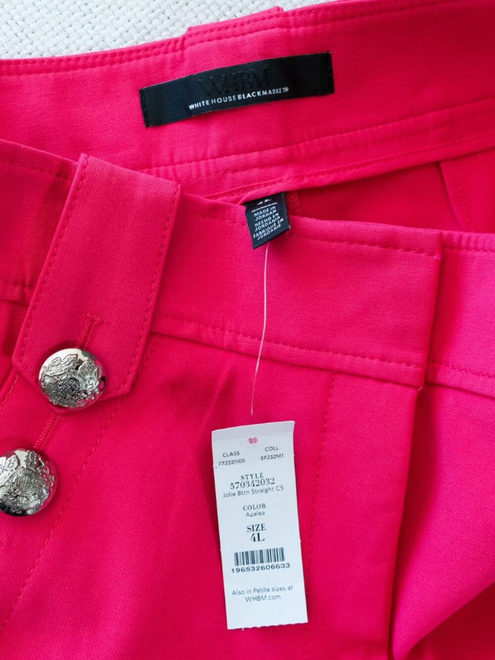 WHBM Jolie Pants Womens 4L NWT Hot Pink Azalea Straight Leg Silver Button Stretc - Picture 4 of 15